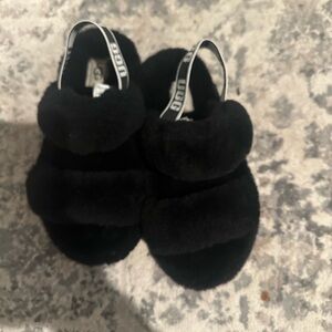 UGG Kids Black Fluffy Slippers